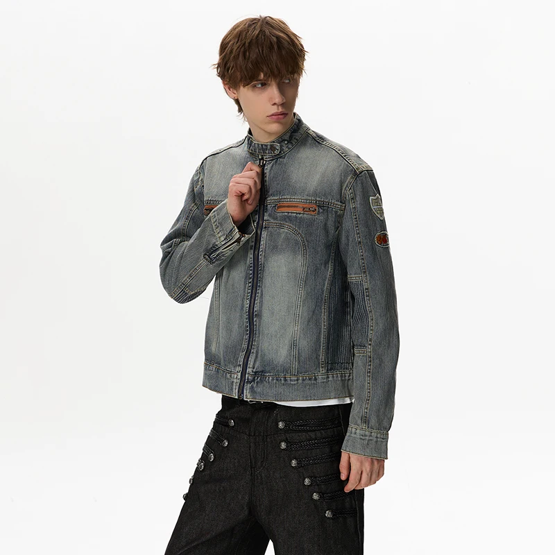 LUZHEN 2026 New Trendy Zipper Pockets Decorate Stand Collar Denim Jacket Men's Handsome Original Patchwork Logo Male Coat JY9507