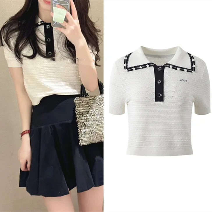 

Ele Sweet Sle ort Sve Вязаный топ для женщин Slim Fit с отложным воротником в полоску Color Blo Summer Faion