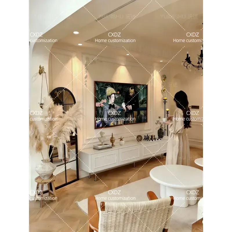 2026 New French Style Solid Wood TV Cabinet and Coffee Table Set for Living Room Small Apartment Light Luxury Cream Color