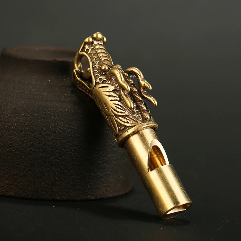 [SH]1PC Handmade Brass Dragon HEAD Whistle Keychain Pendant Men Women Outdoor Survival Tool Necklaces Charm Key Ring.