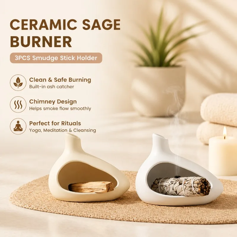 Ceramic Sage Smudge Stick Incense Burner Holder with Ash Catcher Chimney for Yoga Meditation