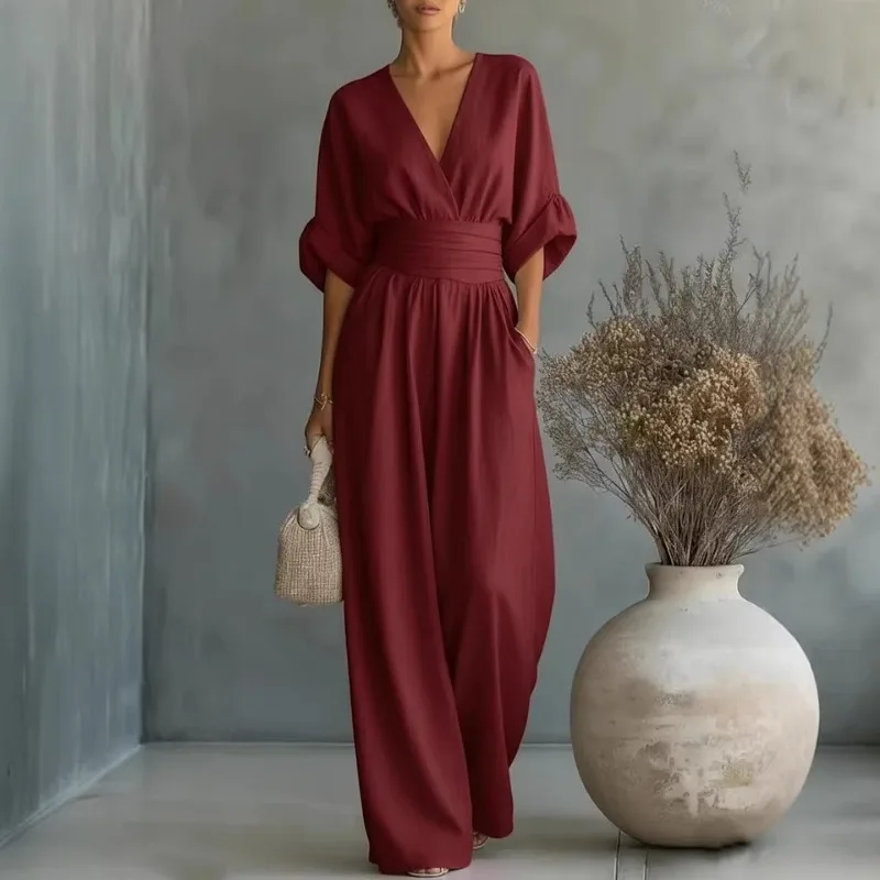 Women's Elegant V-Neck Jumpsuit with Waistband 3/4 Sleeve Wide Leg