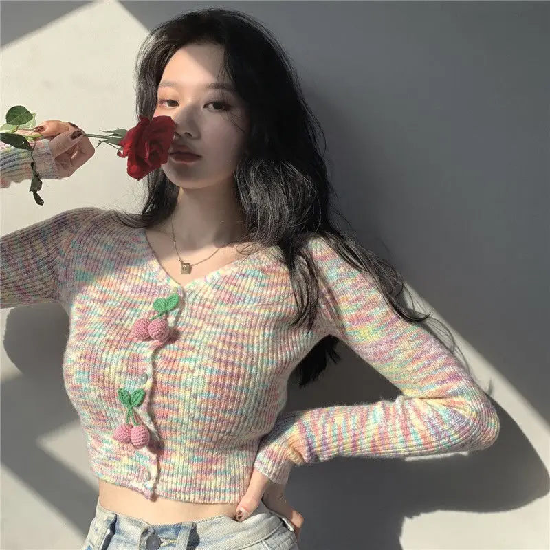 Rainbow Short Sweater 2024 Autumn New Women'S Slimming Knitted Bottoming Shirt V-Neck Cardigan Top