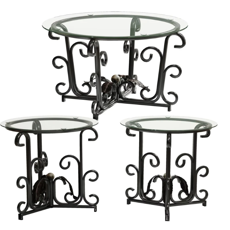 Modern black three-piece coffee table set tempered glass metal frame