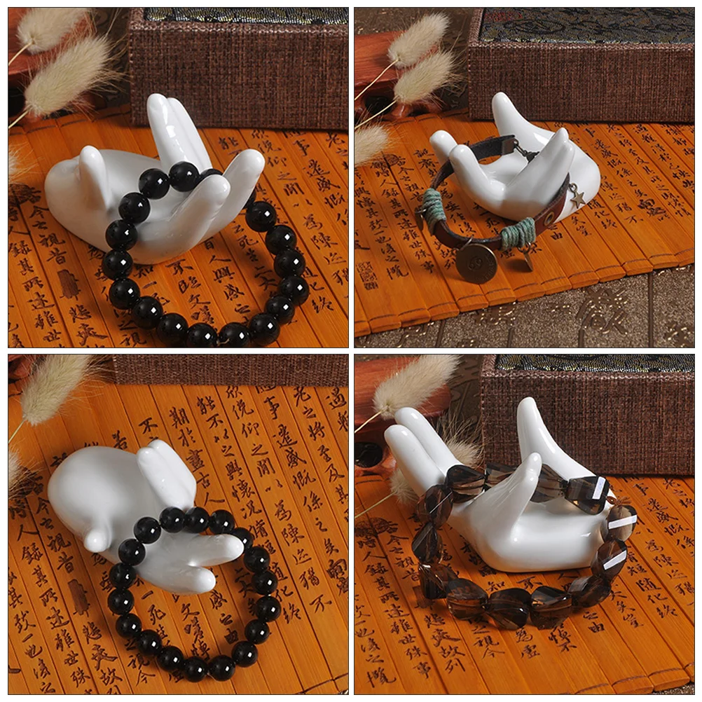

2Pcs Ceramics Hand Jewelry Holder Neat Orderly Desktop Display Stand for Rings Bracelets Photography Props Hand Shaped