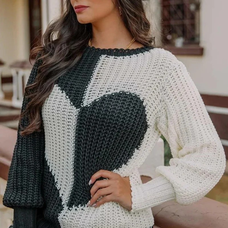 Pull décontracté à manches longues pour femmes, col rond, imprimé d'amour, patchwork, élégant, mode pour dames, automne, hiver