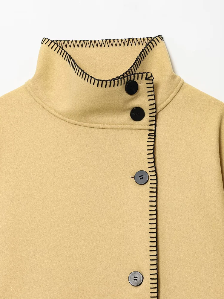 ヨーロッパスタイルの新しい女性用ファッショナブルで多用途な無地ハイネックシングルブレスト長袖コート