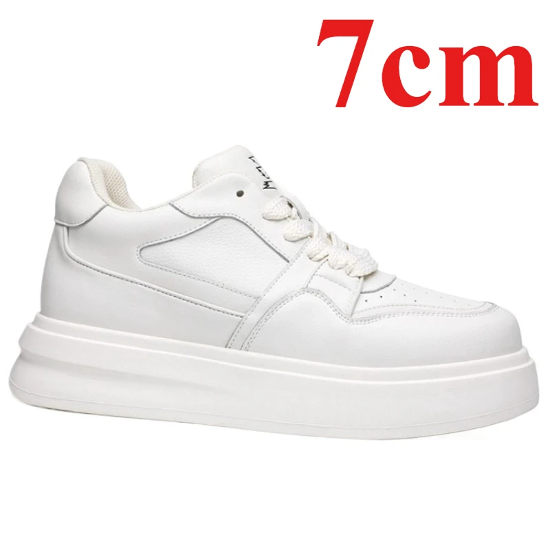 Height Increasing Shoes for Men's 7cm Genuine Leather Thick Soled Versatile White Shoes Invisible Sports and Leisure Board Shoes