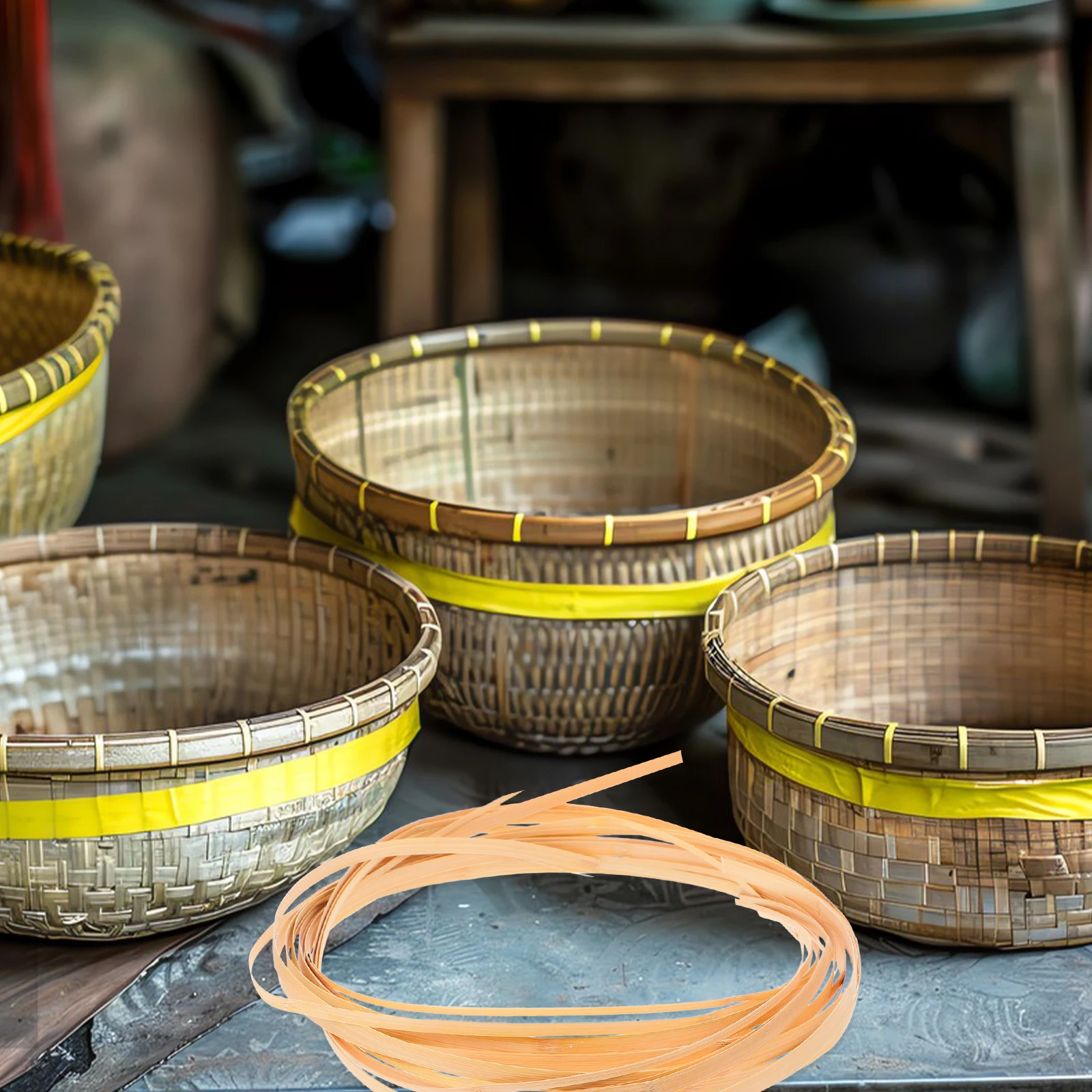 4 Gulungan Kerajinan Strip Bambu Bahan Dekoratif Perlengkapan Pembuatan Keranjang Rotan Kit Tas DIY Pembungkus Manual Krem
