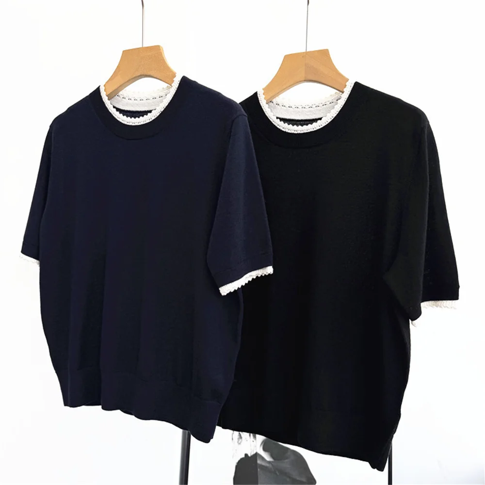 Women's Faux Two-Piece Pullover Lace-Trimmed Round Neck Short Sleeve Slim Lightweight Knit T-Shirt