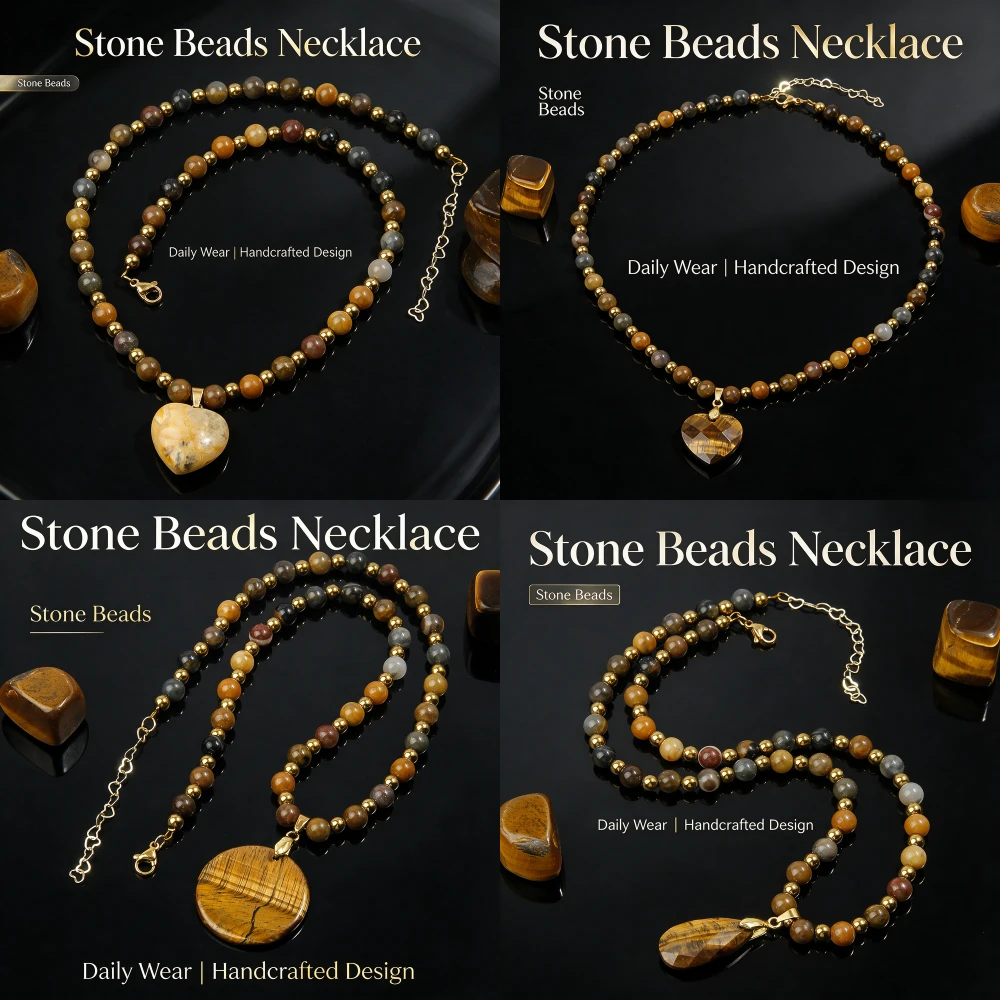 Natural Tiger Eye Stone Bead Necklace Adjustable Extension Chain Elegant Women's Fashion Jewelry 4 Styles To Choose From