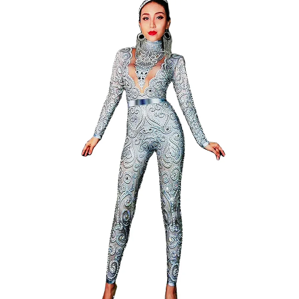 

Silver Sparkling Rhinestones Pattern Printing Jumpsuit Women Party Evening Costume Ladies Nightclub Performance Dance Outfit