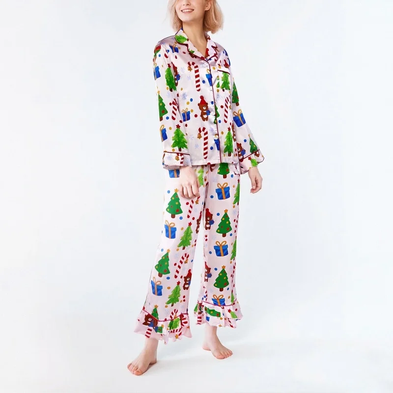 

Women's Christmas Pajama Set Long Sleeve Lapel Christmas Elements Print Shirt Pants Sleepwear