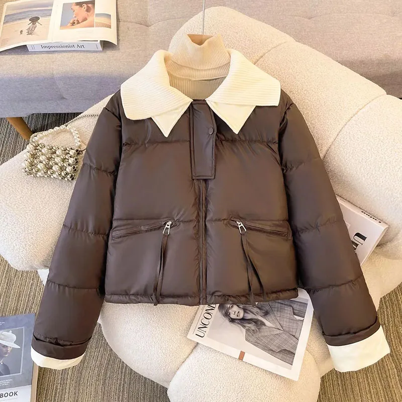 

Autumn Winter New Knitted Lapels Down Cotton Jacket Women Cotton-Padded Thicken Warm Parkas Short Coat Female Casual Ladies Tops