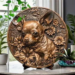 Aluminiowa grafika ścienna „Chic Retro” w stylu vintage Chihuahua Dog - 8X8-calowy okrągły metalowy znak do domu, łazienki, garażu i kawiarni, wystroju pokoju