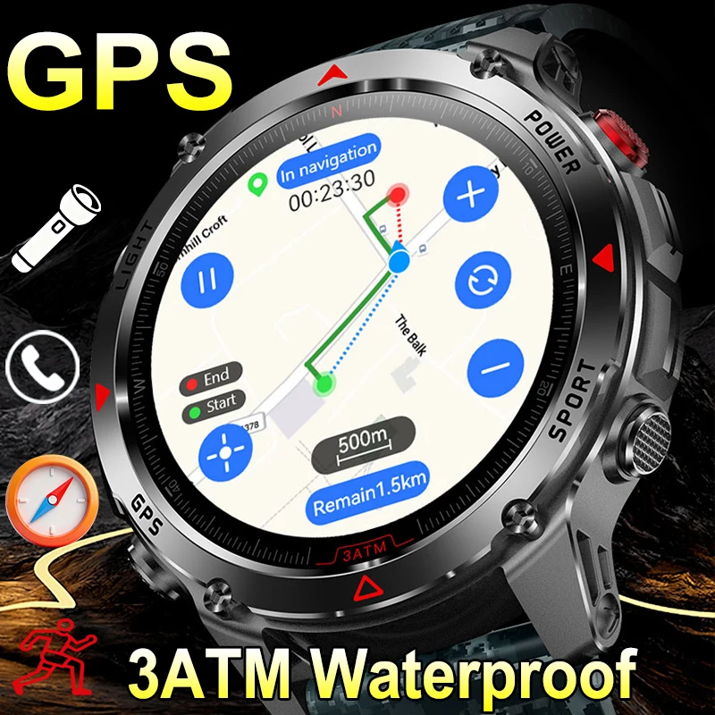 

Men Women Outdoor Sports Smart Watch GPS Compass Military-grade Wrist Watches 540mAh Large Battery Flashlight BT Call Smartwatch