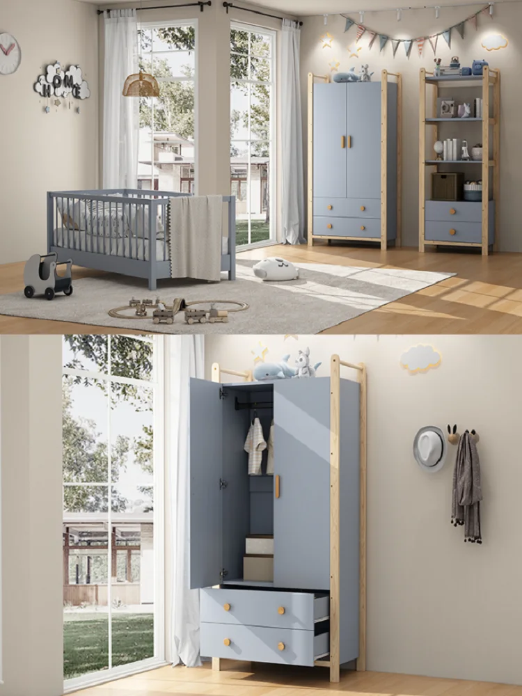 2-deurs kledingkast met kledingrek en 2 laden, multiplex blauwe behuizing + kaakframe, voor slaapkamer woonkamer gang, 90x45x180cm - afbeelding 2