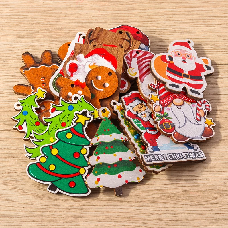Tusember 10 Stück Weihnachtsanhänger aus Holz, Weihnachtsbaum, Weihnachtsmann, Zwerg, Schneemann, Anhänger für Schmuckherstellung, Ohrringe, Halsketten, DIY – Detail 4