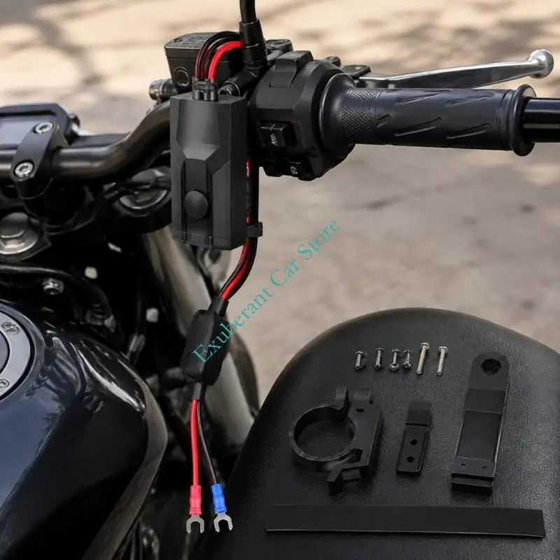 Motorcycle USB Power Socket with Direct Wire Cable Handlebar Mount Outlet for Daily Ride Phone Support and Commute Travel Use