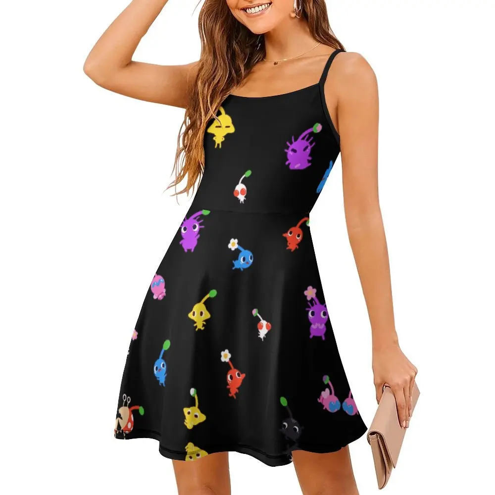 Vestido de suspensão feminino exótico pequeno Pikmin, estilingue feminino, coquetel gráfico, roupa de mulher