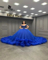 Royal Blue Beaded Lace Appliques Off The Shoulder 15 Quincenara Dresses 2024 Tulle Ruched Train Ball Gown Formal Prom Customized