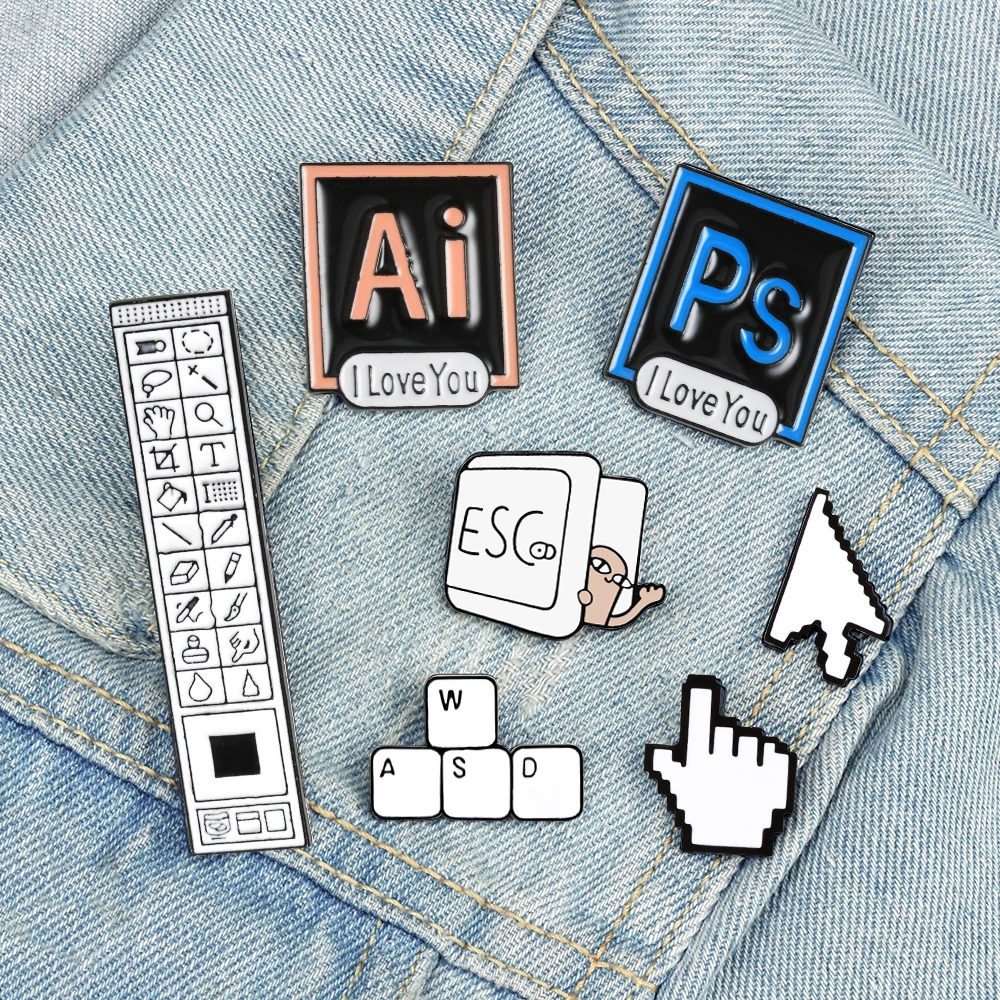 Creative Computer Tool Brooches Arrow Keyboard PS ESC Label Metal Enamel Pins Bag Denim Clothing Badge Accessories Gifts for Boy