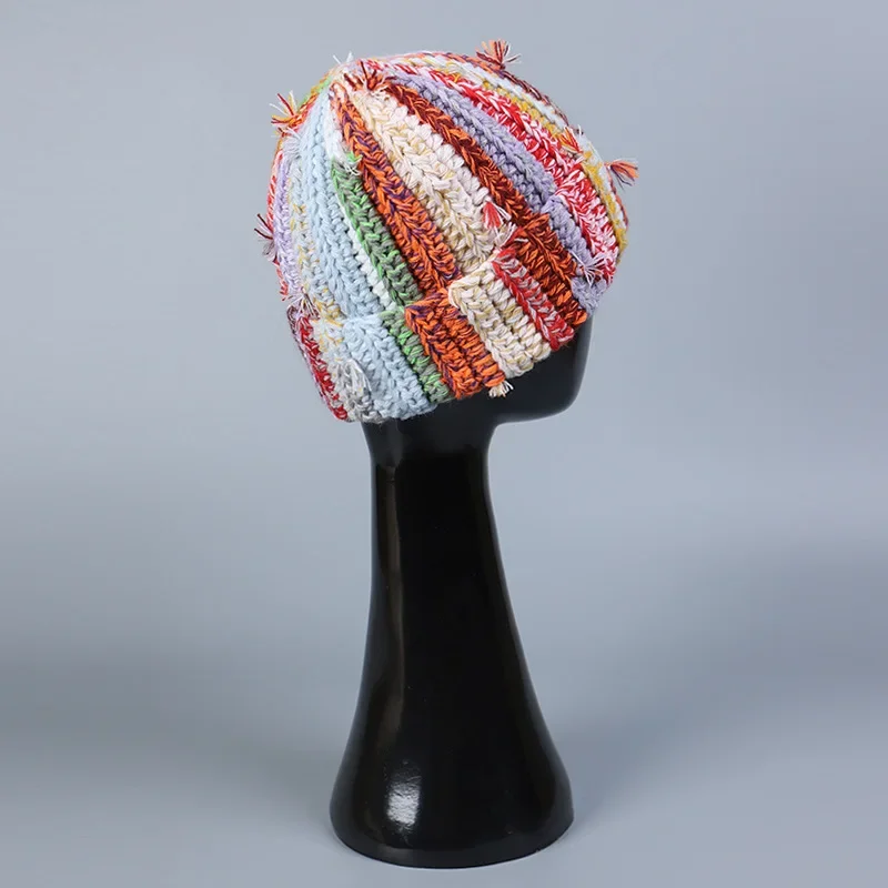 Handmade Heavy Industry Multi-strand Twist Mixed Color Wool Beanie Cap Dopamine Color Hat Women\'s Winter Thermal Pullover Hat