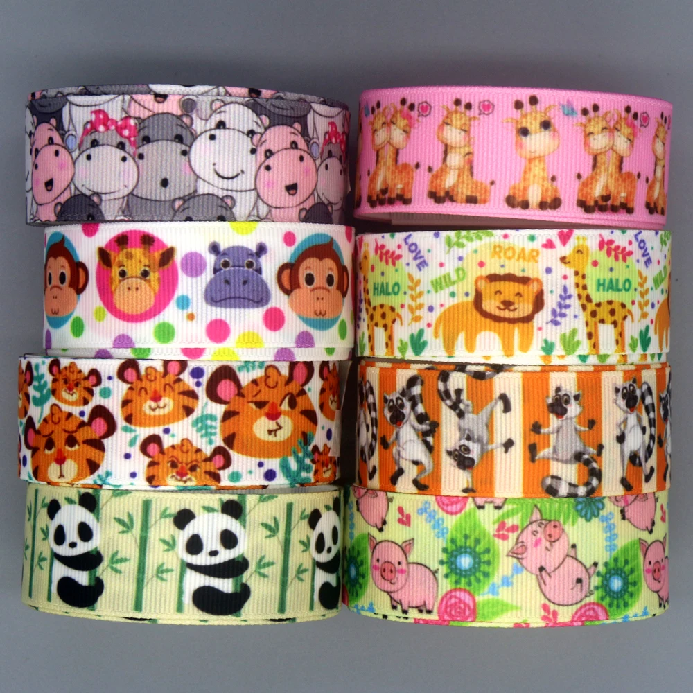 DHK 50yards Animal Pig Cow Panda Printed Grosgrain Ribbon Accessories Material Headwear Decoration DIY Sewing Craft S2133