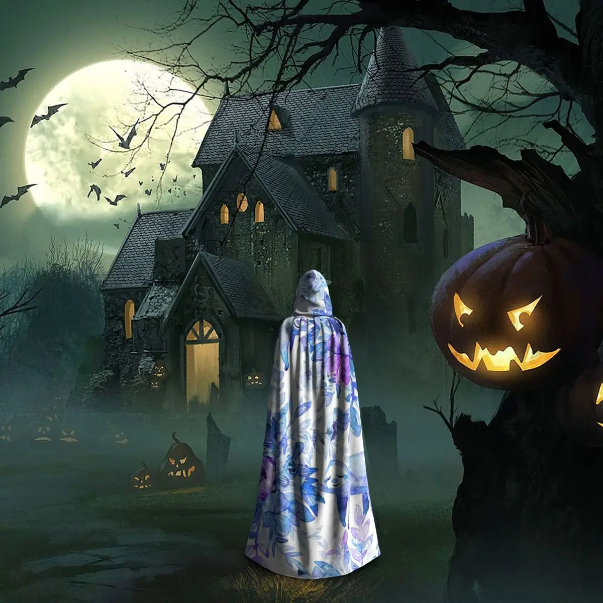 Paresse sonnolenti in piante viola Mantello lungo con cappuccio Strega Costume medievale Mantello cosplay Cappotto di Halloween Adulto unisex