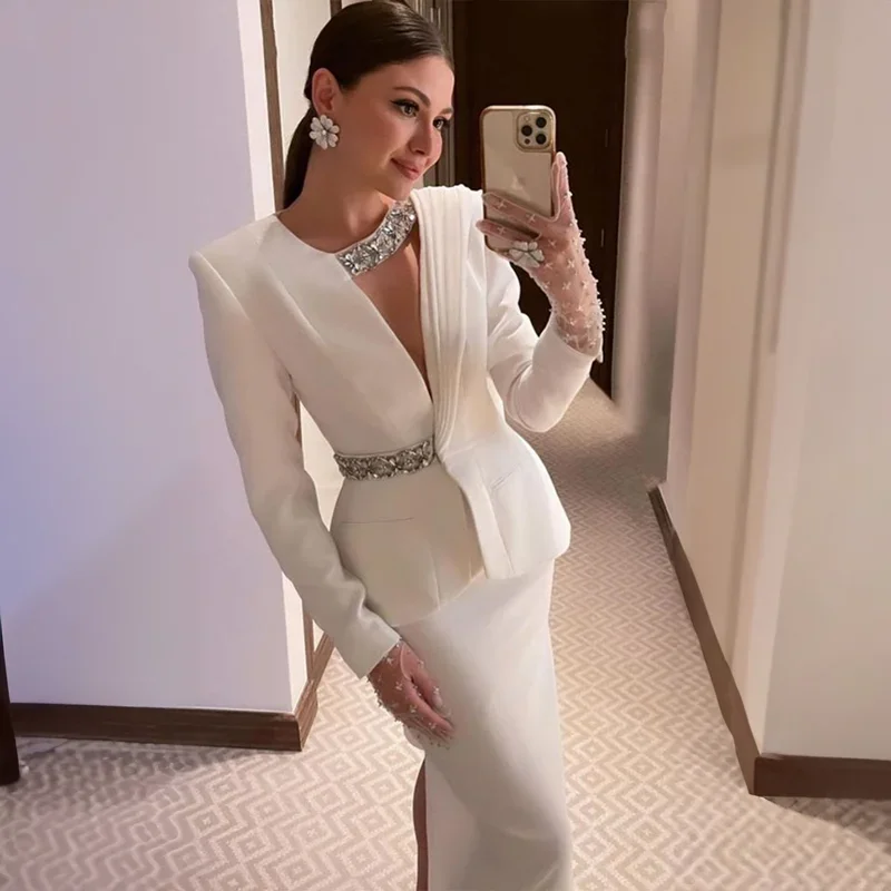 

Two Piece Rhinestone Evening Dresses Women's V Neck Long Sleeves Formal Prom Dresse Elegant Side Split Party Gown Robes De 2025