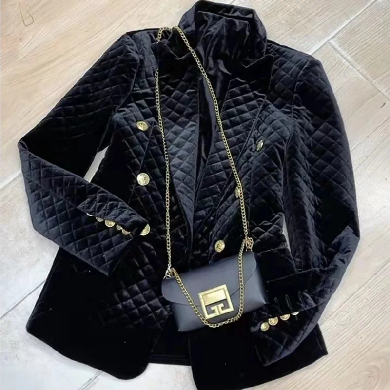 

Fashion black diamond gold velvet thin cotton coat women's new suit double breasted jacket