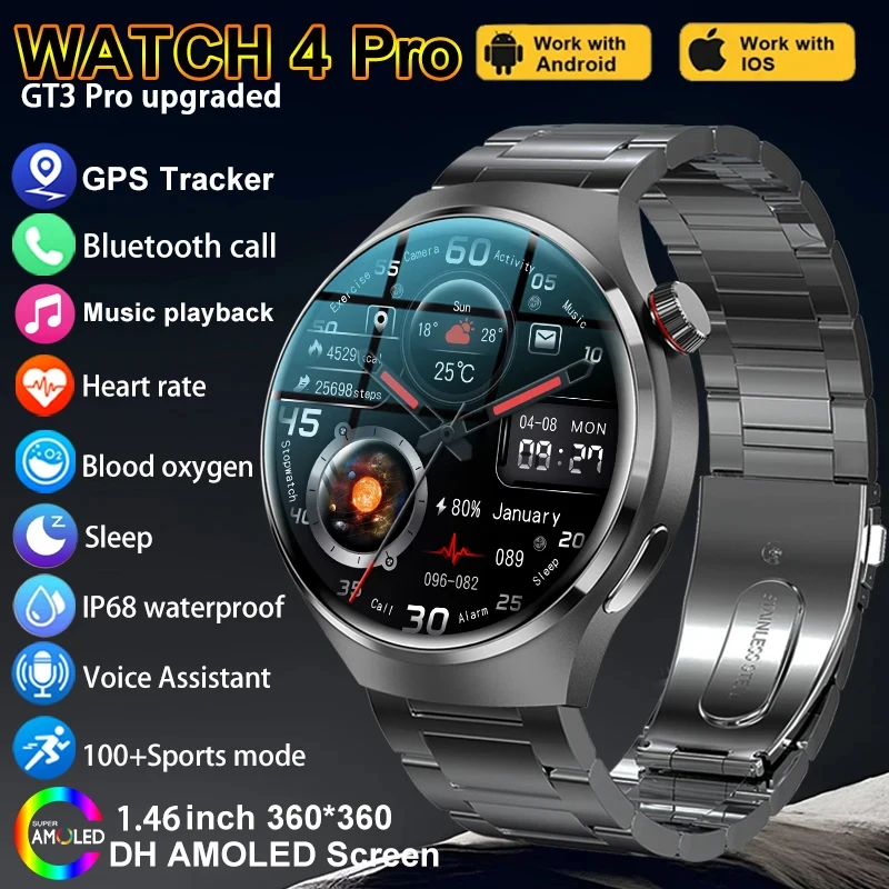 

2025 New GPS Smart Watch Men Watch 4 Ultra HD AMOLED Screen Heart rate Bluetooth Call NFC IP68Waterproof Heart Rate Smartwatch