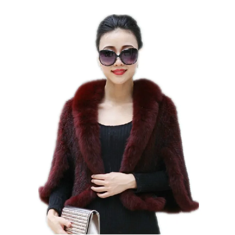 Luxury New Genuine Mink Fur Shawl with Real Fox Fur Trim Women Lady Fluffy Jacket Stole Cape