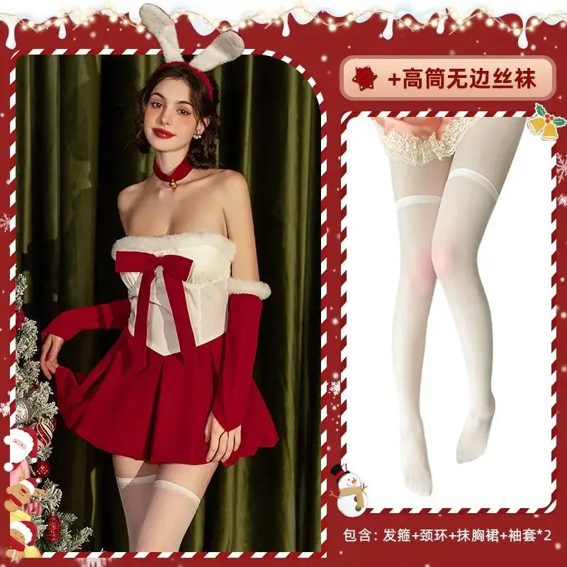 

Stylish Women's Sexy Off-shoulder Christmas Party Red Dress Adult Lady Sweet Cosplay Bunny Girl Costumes Velvet Nightwear 2025