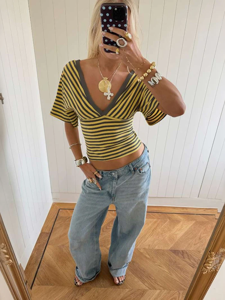 Kliou Gestreifte Patchwork-T-Shirts für Damen, Sommertrend, V-Ausschnitt, kurze Ärmel, rückenfrei, Nabel freigelegt, Street-Casual-Mode-Style-Tops – Detail 4