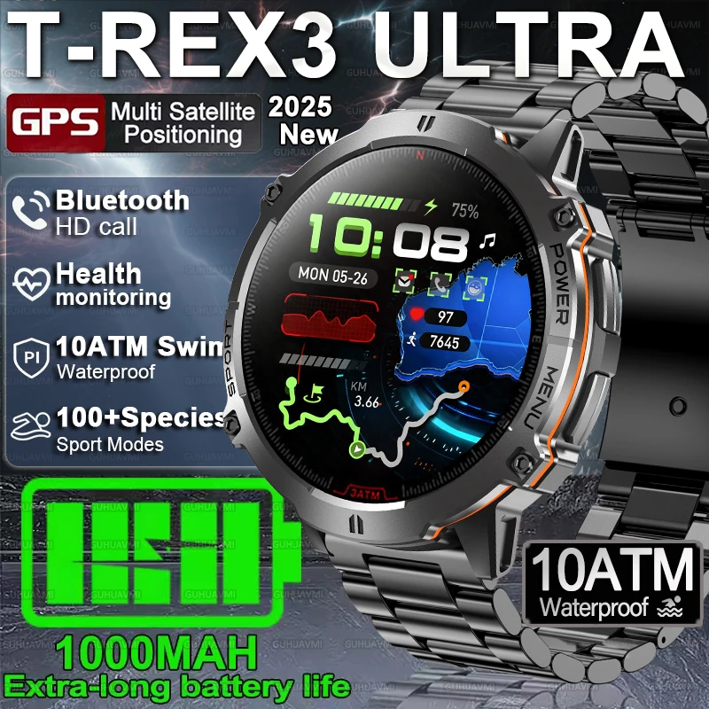 

НОВЫЕ Смарт-часы T-REX3 1000MAH Super Endurance для мужчин 1,73-дюймовый HD-экран Компас Bluetooth-вызов 10ATM Водонепроницаемые спортивные умные часы