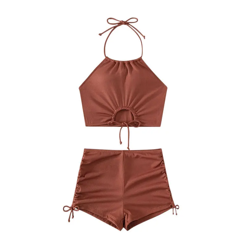 

New European and American High-waisted Suspender Straps Split Swimsuit Women's Summer Flat Angle Sports Beach Bikini Sportswear