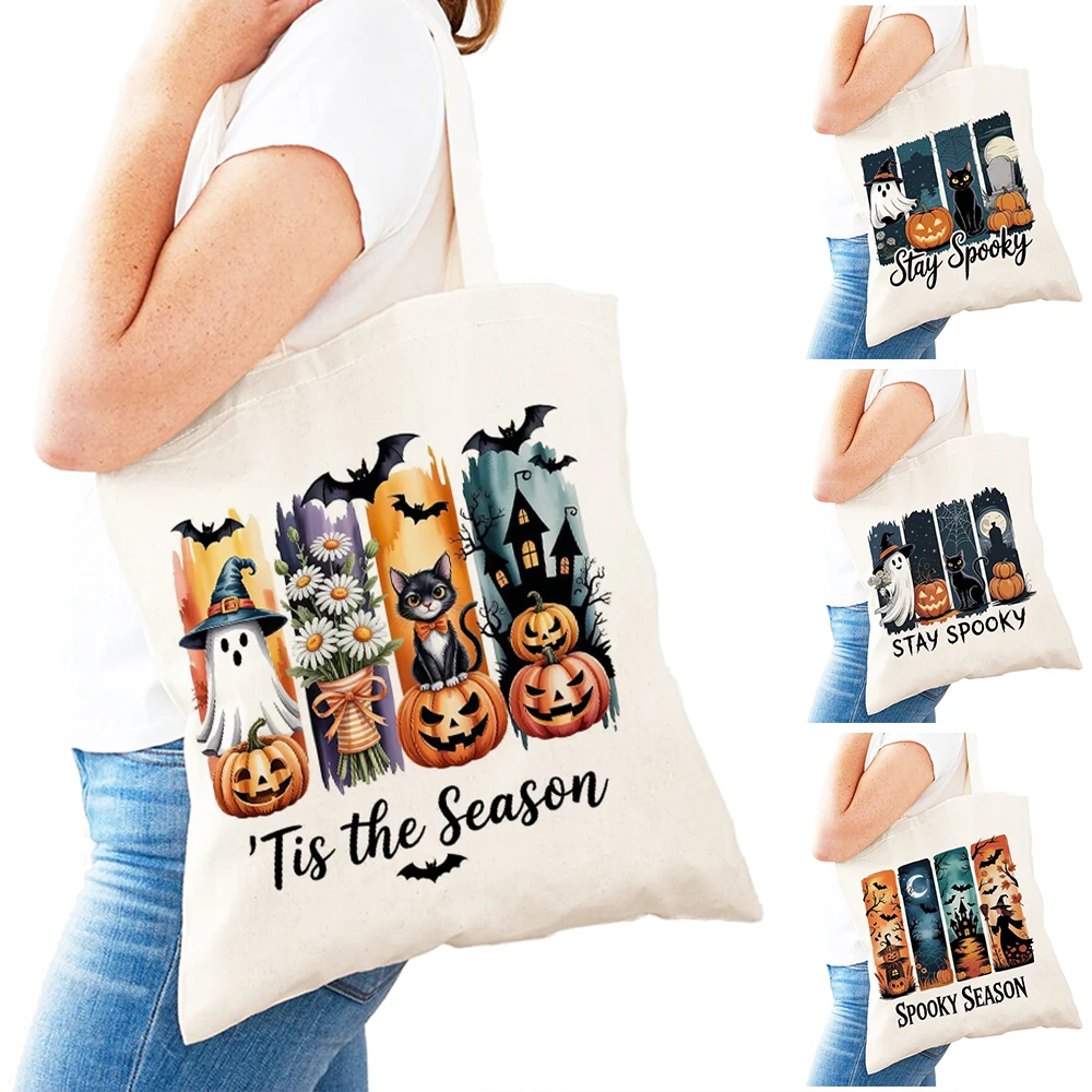 

Vintage Cartoon Halloween Ghost Lady Shopper Bags Black Cat Women Daily use Shoulder Handbag Spooky Pumpkin Girl Shopping Bag