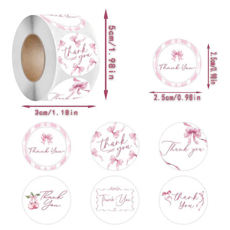 Thank You Pink Bow Stickers 500pcs/Roll 2.5cm Self-Adhesive Decals for Envelope Sealing Handmade Craft Packaging Greeting Cards