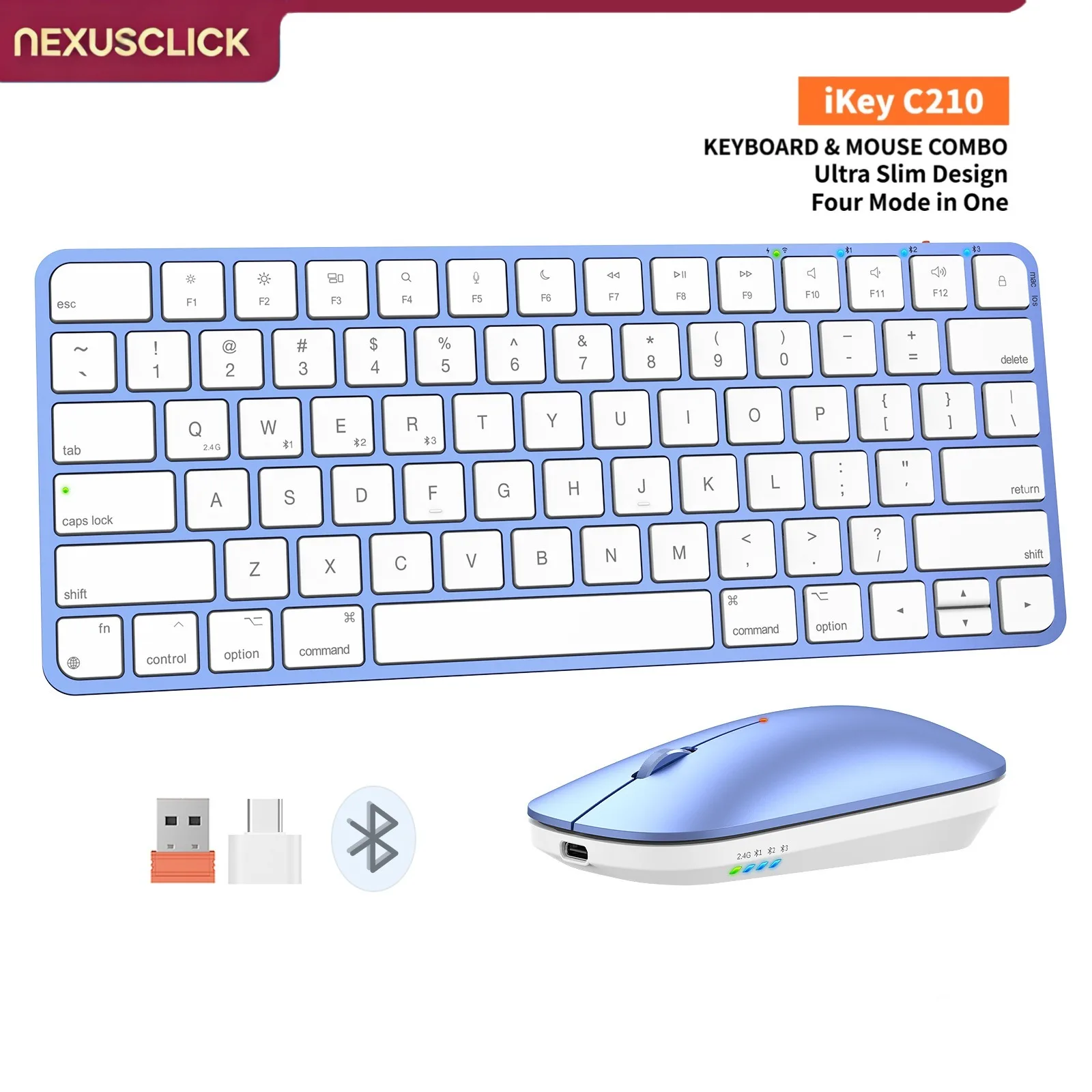 NexusClick 4 Modes Ultra Slim Rechargeable Wireless Keyboard Mouse Set Quiet Low Profile Adjustable DPI Mice for iOS Mac Office