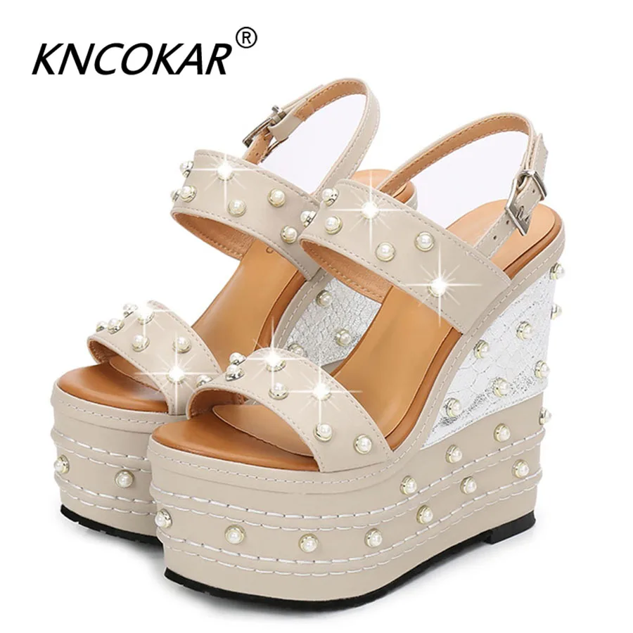 Spring And Summer New 16cm Ultra High Heel Wedge Platform Waterproof Pearl T Platform Open Toe Word Buckle Women\'s Sandals