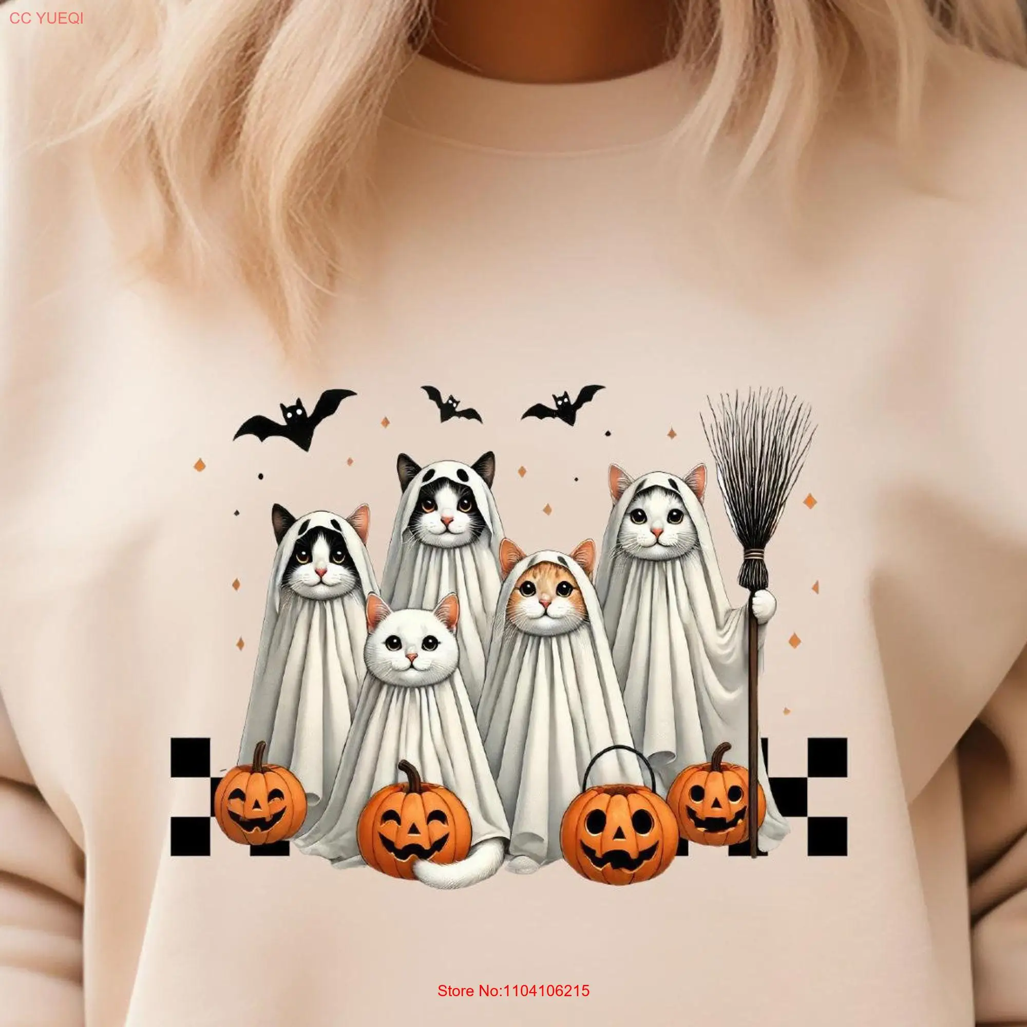 Halloween Ghost Cats T Shirt shirts For Cat Lovers Pumpkin Horror Retro SweaT Fall long or short sleeves