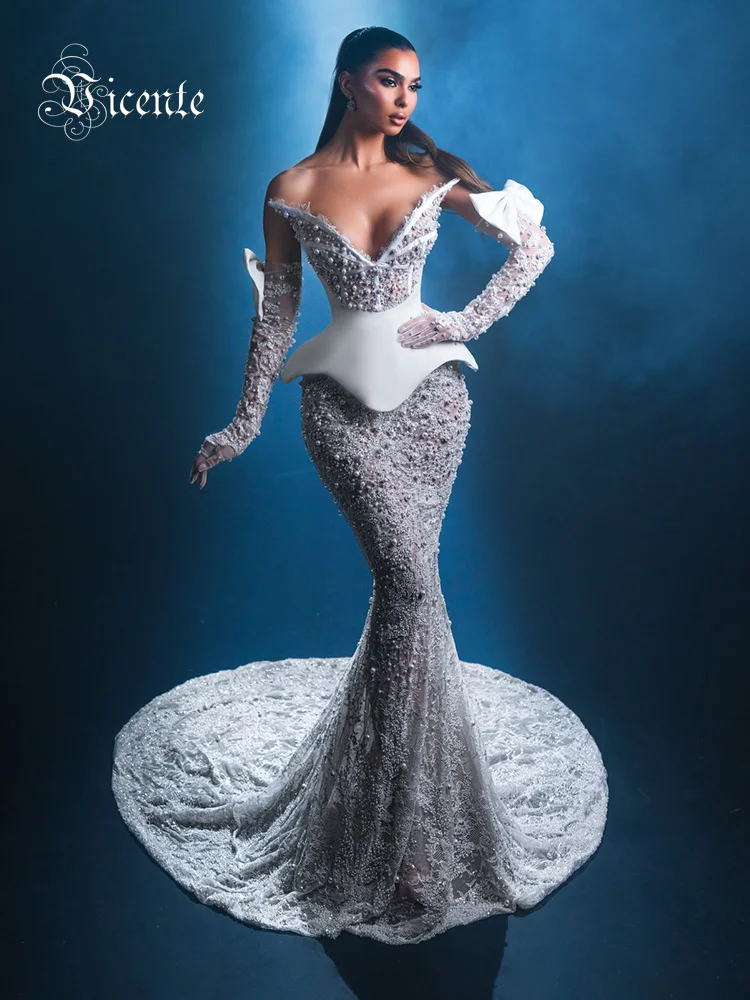 Off Shoulder Mermaid Wedding Dress White Pearl Rhinestone Lace Bridal Gown Long Gloves Oversized Train Luxury Evening Dress