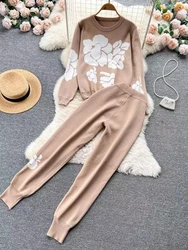 Autumn Winter Casual Printed Knitted Tracksuits Women Loose Long Sleeve Sweater+Leg Tight Pants Streetwear Two Piece Sets