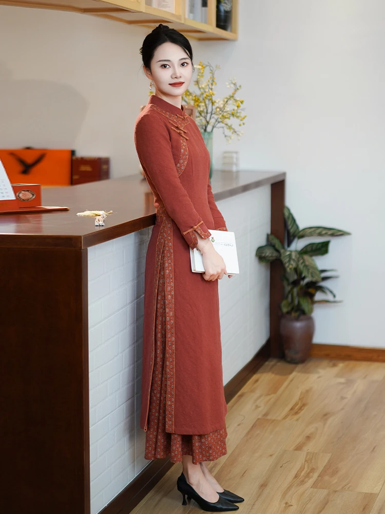 

Модное женское традиционное китайское платье-ципао из хлопка с высоким разрезом и длинными рукавами для повседневной носки