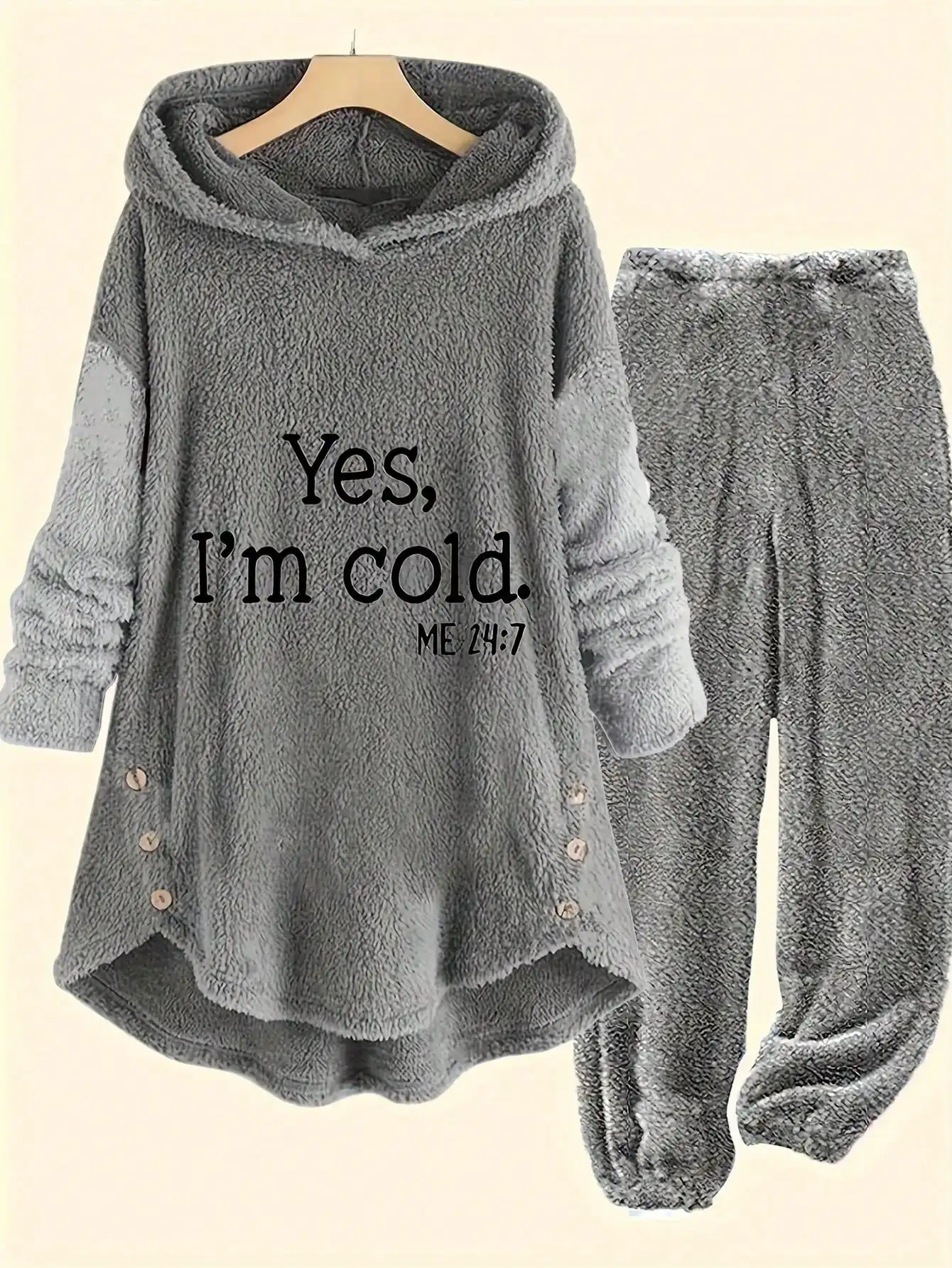 

Women's Cozy Hooded Teddy Fleece Pajama Set with 'Yes, I'm Cold' Print, Long Sleeve & Pants for Winter