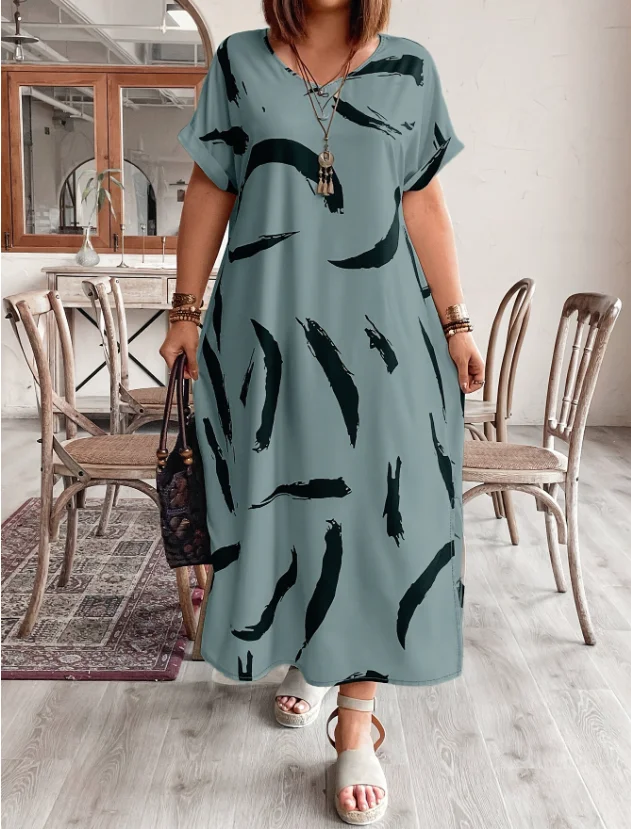 

Women's Vacation Casual Dress 2025 Spring Summer Latest Round Neck Short Sleeved Explosive Print Slit Maxi Dress Long Skirt