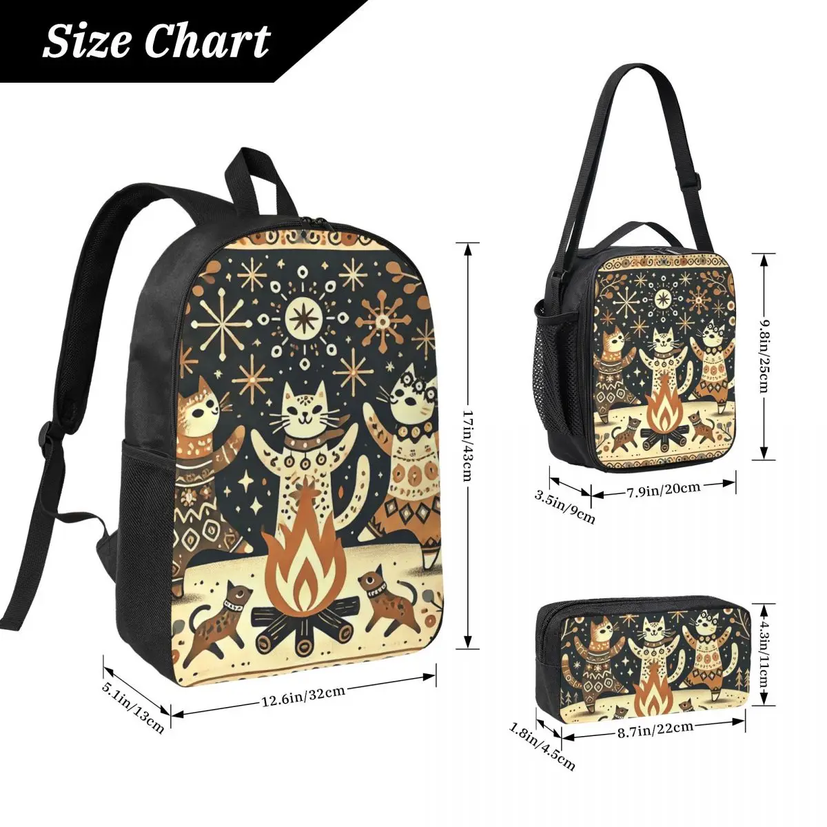 Cat Bonfire Dance Party Backpack Student BookBag School Bag Computer Shoulder Bags 3ps Insulated Lunch Bag Pencil Case