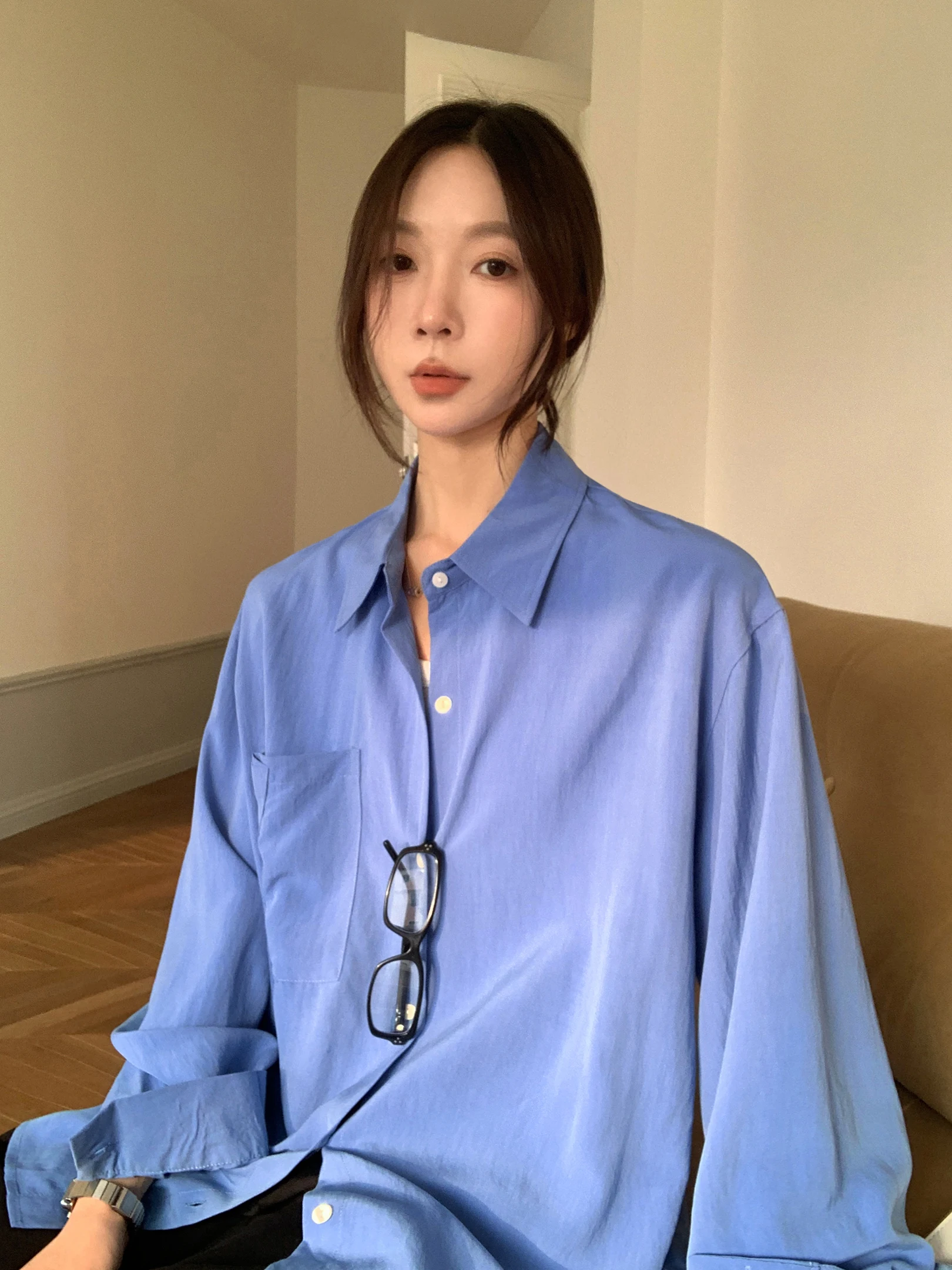 

Casual Long Sve irt Women's Simple Sle Spring Thin Outerwear Lazy Feel ket Collar Blouse Loose Fit Comfortable Brea...