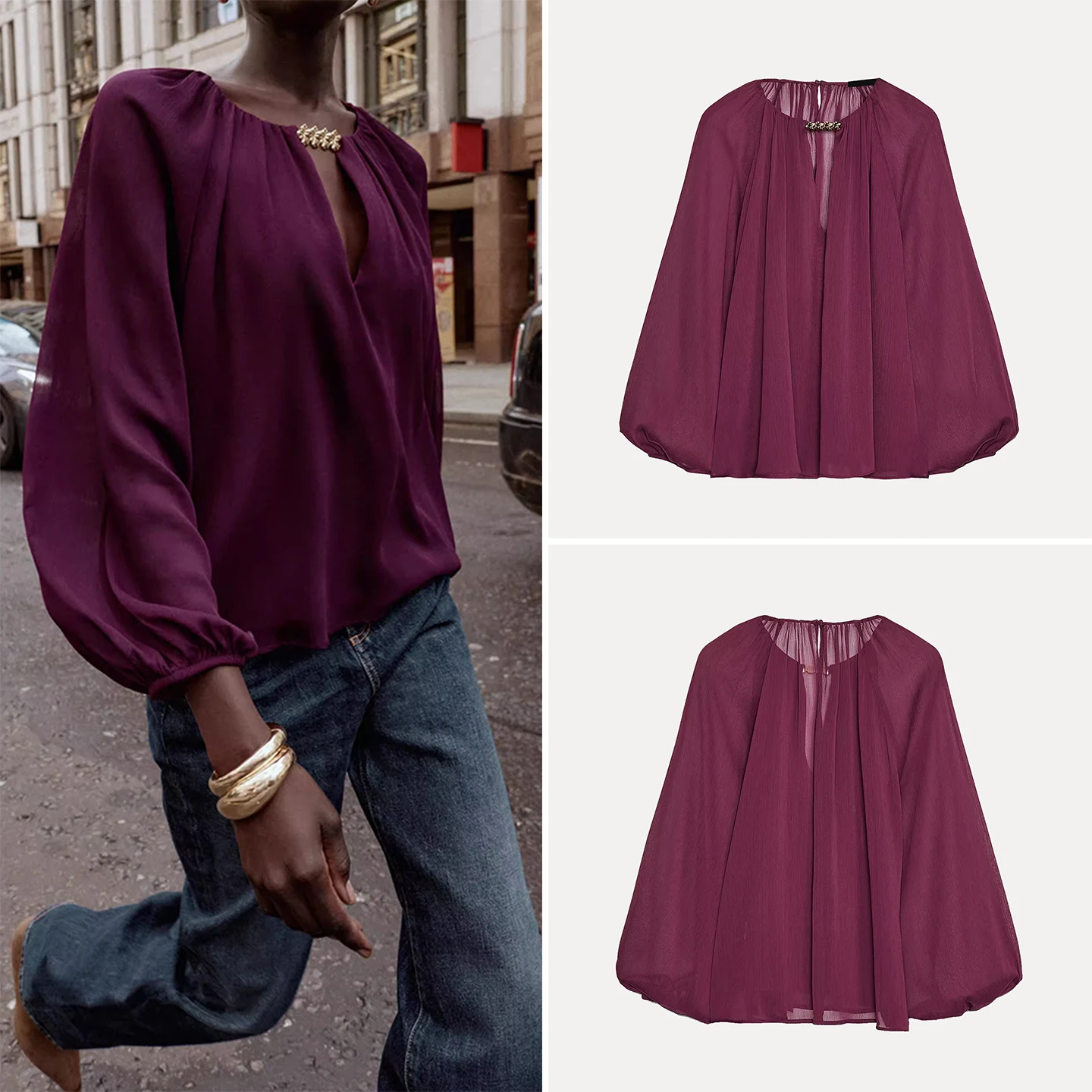 

Faionable Semi-Transparent d irt Women's Sle Simple Design Autumn New Arrival Z Commute Sle Loose Fit Long S...